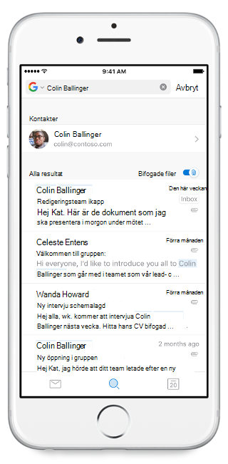Visar en mobilskärm med sökrutan högst upp och avsnittet Filer längst ner.