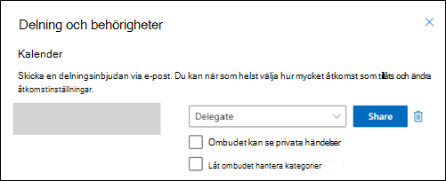 Fönstret Delning och behörigheter för hantering av ombudskategorier