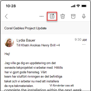 Copilot sammanfattar ikonen för att sammanfatta e-posttråd i iOS och Android.