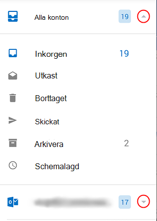 Visar Outlook-mappar, med listpilar inringade på skärmens högra sida.