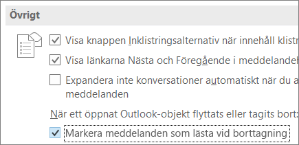 Kryssrutan Markera meddelanden som lästa vid borttagning i Outlook-alternativ