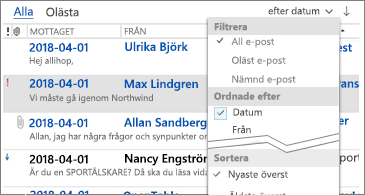 Listan över tillgängliga filter för att sortera meddelanden