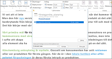 Word-dokument med dialogrutan för påminnelser