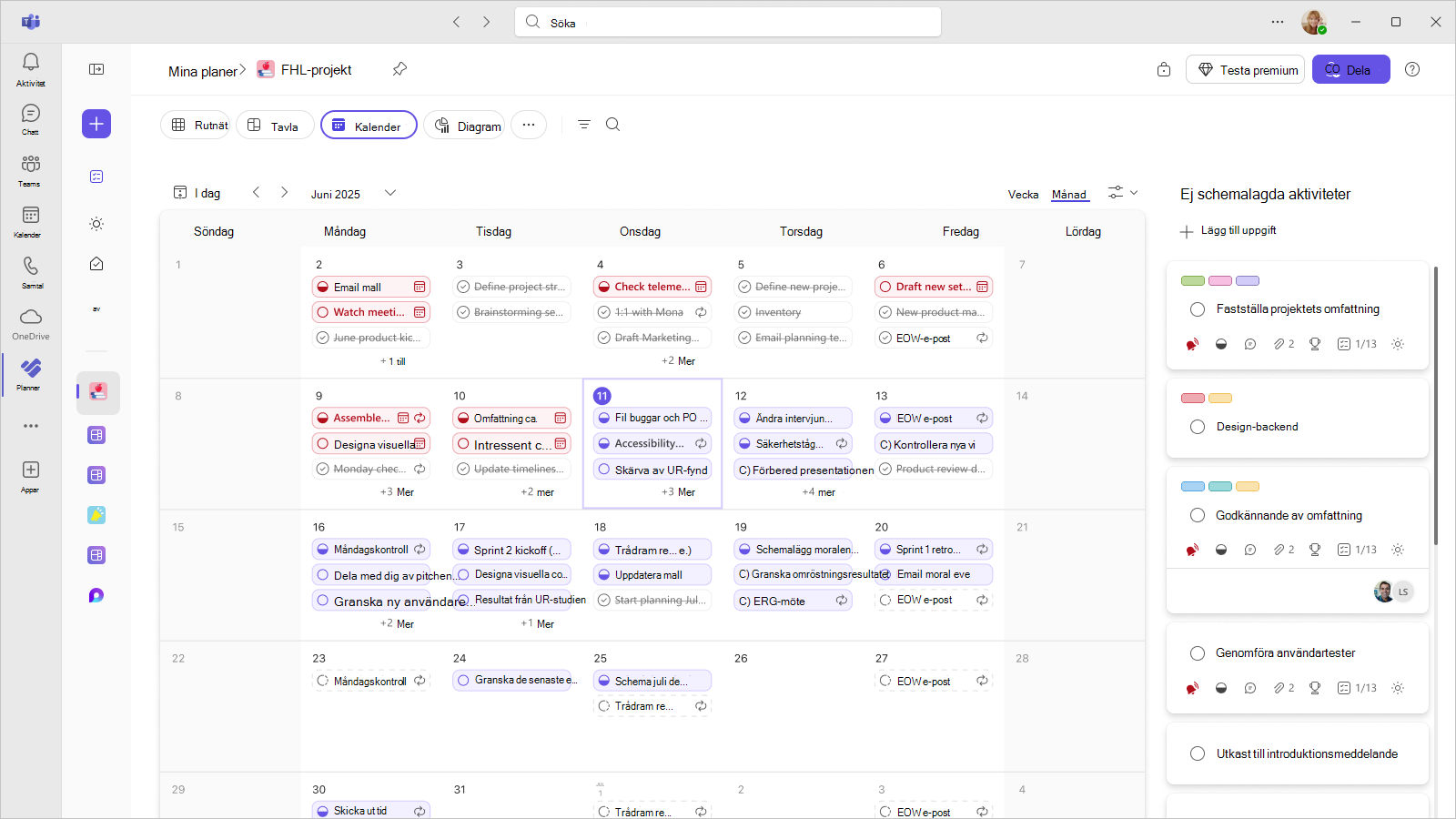 En skärmbild av en plan i Planner i Teams visar vyn Calendar för en användares uppgifter för månaden.