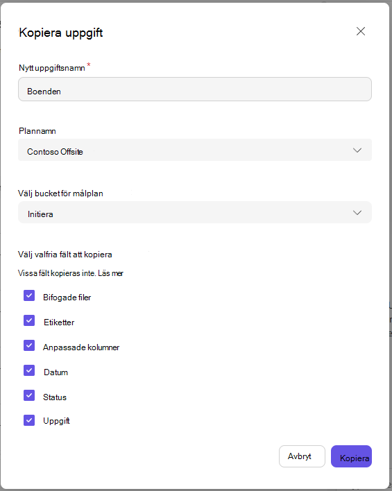 Dialogrutan Kopiera uppgift med målfält och valfria fält.