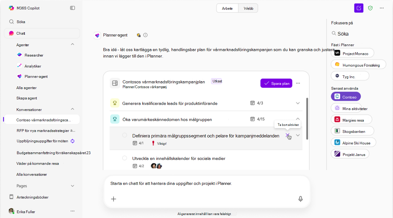 Skärmbild som visar Planner-agenten som redigerar AI-förslag i utkastläge.