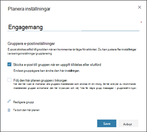 Skärmdump: Visar inställningen Skicka e-post till planeringsgruppen... för inställningarna för abonnemang