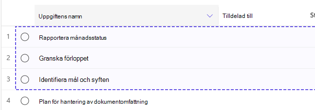 Tre markerade aktiviteter i rutnätsvyn.