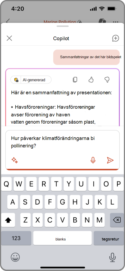 Skärmbild av Copilot i PowerPoint på iOS-enhet med en uppmaning i redigeringsrutan
