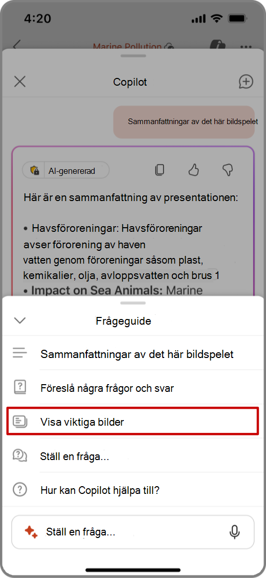 Skärmbild av Copilot i PowerPoint på iOS-enhet med kommandotolken Visa viktiga bilder