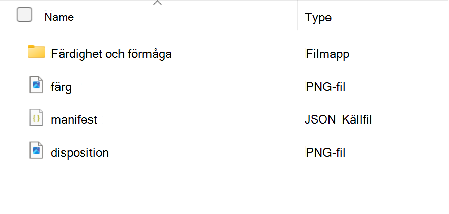 Skärmbild som visar innehållet i en mapp för kunskapspaket: en kunskapsmapp och color.png-, manifest.json- och outline.png-filerna.