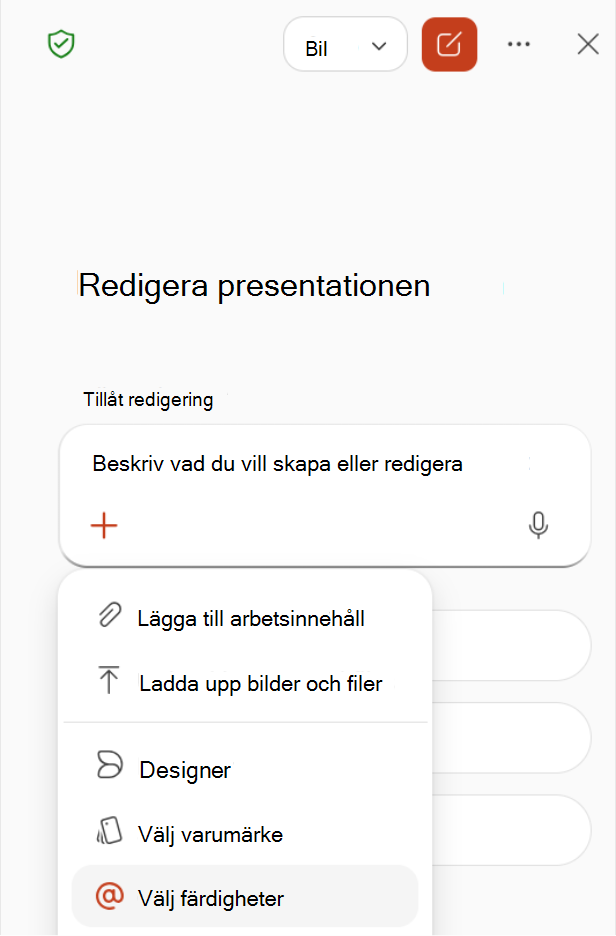 Skärmbild som visar hur du väljer Välj färdigheter på plusmenyn i Copilot-fönstret.
