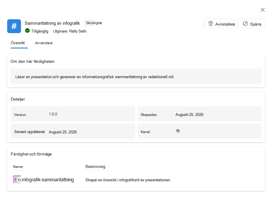 Skärmbild som visar information, användare, version och distributionsstatus för en färdighet.