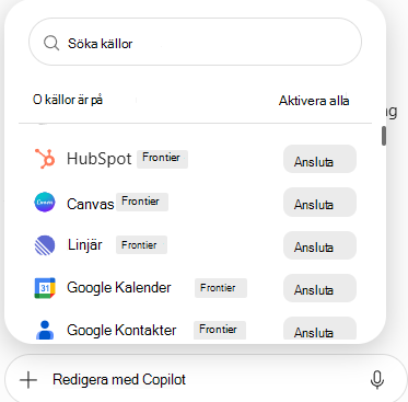 Skärmbild som visar listan med kopplingar med tillgängliga datakällor och anslutningsknappar i PowerPoint.