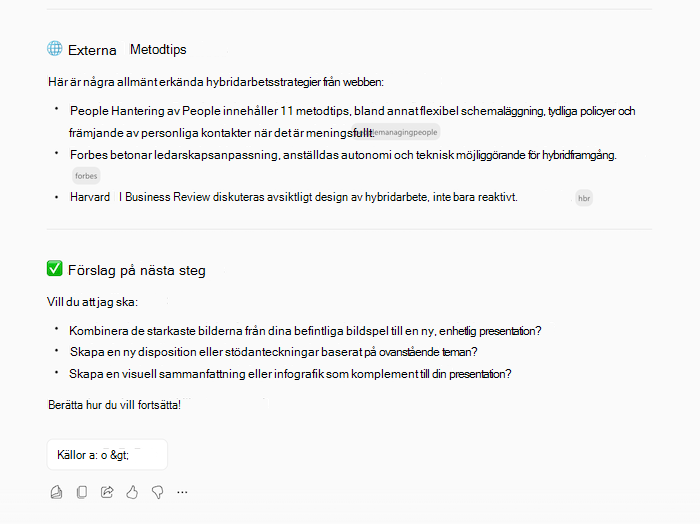 En skärmbild av Copilots svar för att skapa presentation, som visar information om det begärda ämnet och uppföljningsfrågor.