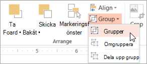 Kommandot Gruppera i gruppen Ordna i PowerPoint