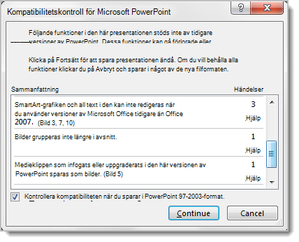 Kompatibilitetskontroll för PowerPoint med en lista över funktioner som inte stöds