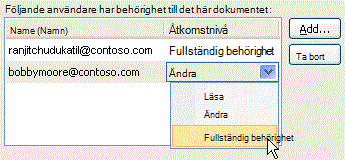 Fler alternativ i dialogrutan Behörighet