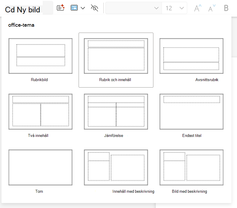 Listrutan Ny bild på fliken Start i PowerPoint för webben