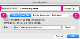 Dialogrutan Hyperlänk i Office för Mac