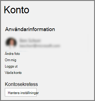Kontopanelen som visar kontosekretessen, knappen Hantera inställningar