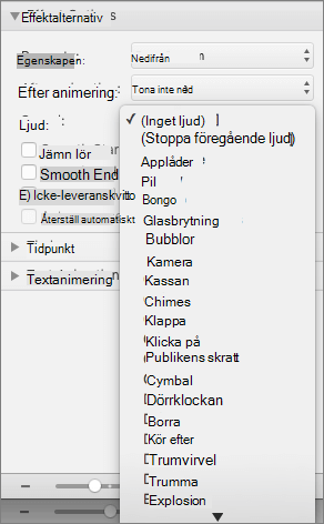 Skärmbilden visar avsnittet Effektalternativ i fönstret Animeringar med menyn Ljud utökad.