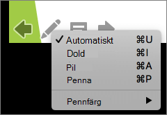 Skärmbild som visar de tillgängliga alternativen för pekaren som används i ett bildspel. Alternativen är Automatisk, Dold, Pil, Penna och Pennfärg.