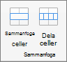 Skärmbild som visar gruppen Sammanfoga som är tillgänglig på fliken Tabelllayout, med alternativ för Sammanfoga celler och Dela celler.