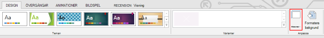 Klicka på Bildstorlek i gruppen Anpassa på fliken Design.