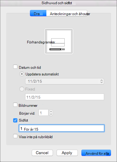 Kryssrutan Sidfot på fliken Bild i rutan Sidhuvud & sidfot