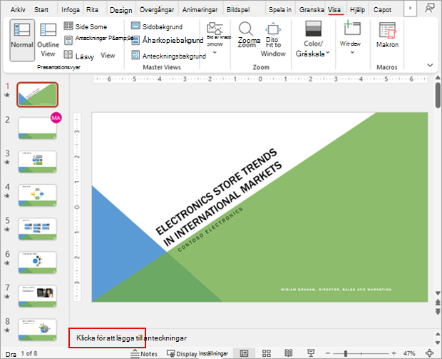 Skärmbild som visar ett PowerPoint-bildspel i normalvyn tillsammans med anteckningsavsnittet.