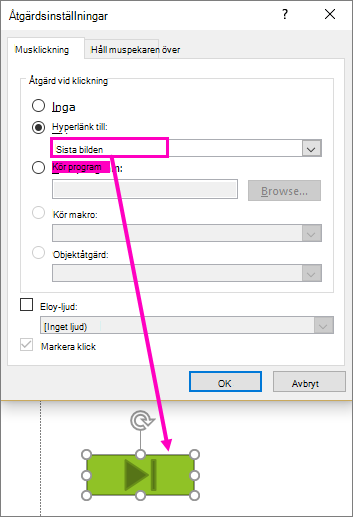 Visar dialogrutan för att konfigurera Händelseknappar i PowerPoint