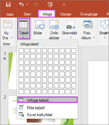 Visar alternativet Tabell på fliken Infoga i menyfliksområdet i PowerPoint