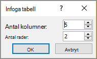 Visar dialogrutan Infoga tabell i PowerPoint