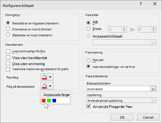 Skärmbild som visar alternativ för laserpekare i PowerPoint