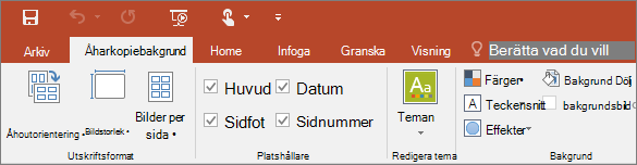 Visar menyfliksområdet Åhörarkopiebakgrund i PowerPoint