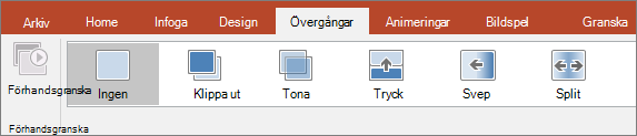 Fliken Övergångar i menyfliksområdet i PowerPoint.