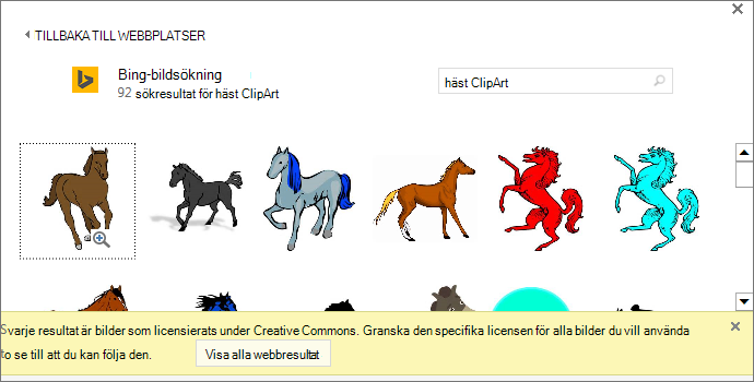 När du söker efter häst clipart får du en mängd olika bilder under en Creative Commons-licens.