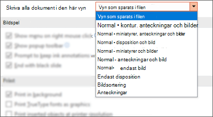 Listan Öppna alla dokument med den här vyn har expanderats så att kunden kan välja en standardvy.