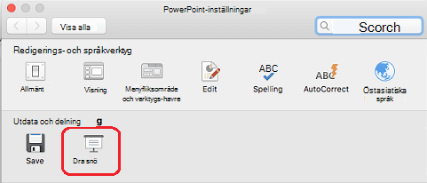 Klicka på Bildspel under Utdata och delning i dialogrutan Inställningar för PowerPoint.