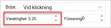 Fältet Varaktighet när du använder en animering i PowerPoint på webben.