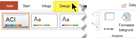 Välj fliken Design i verktygsfältet. Menyknappen Bildstorlek till höger kontrollerar bildorienteringen.