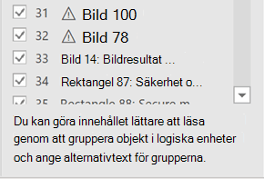 Skärmbild som visar tipset längst ned i fönstret Läsordning.