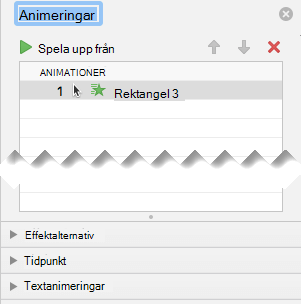 Animeringsfönstret har effektalternativ, alternativ för tidsinställningar och texteffekt