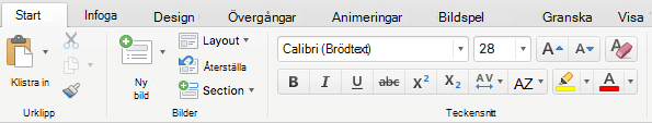 För Office 365 prenumeranter innehåller fliken Start i menyfliksområdet PowerPoint för Mac 2016 nu knappen Markeringsfärg för text