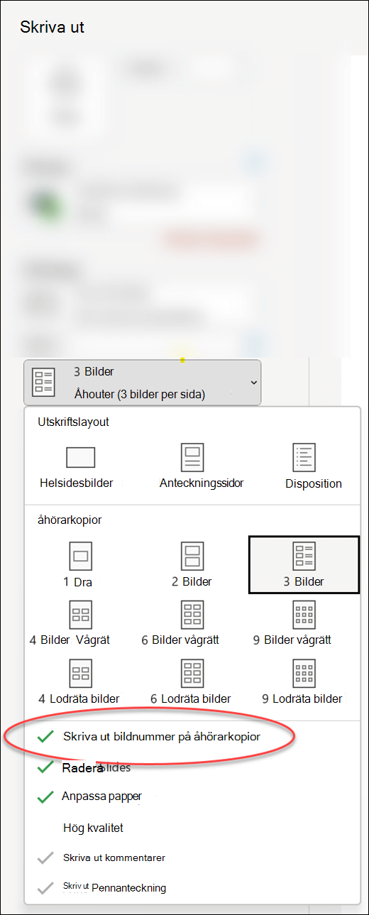 Dialogrutan Skriv ut i PowerPoint visar alternativet för att skriva ut bildnummer på åhören.