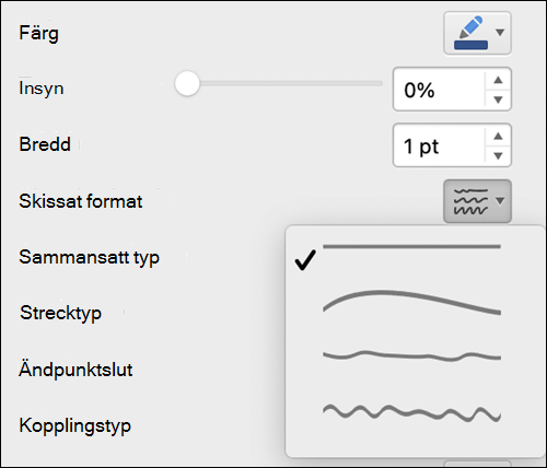 Alternativ för linjeformat i Mac med Skissat format markerat