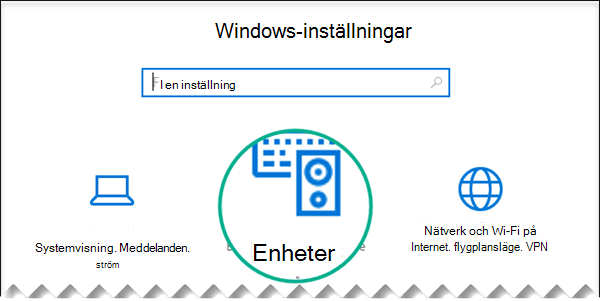 Välj Enheter i dialogrutan Windows-inställningar