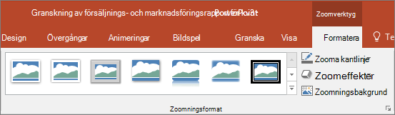 Visar olika zoomningsstilar och effekter som du kan välja på fliken Format i PowerPoint.