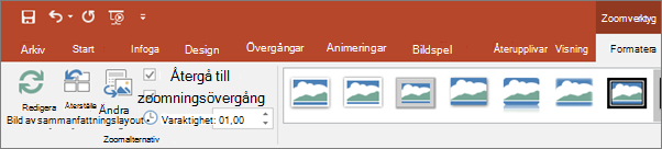 Visar zoomningsverktygen på fliken Format i menyfliksområdet i PowerPoint.
